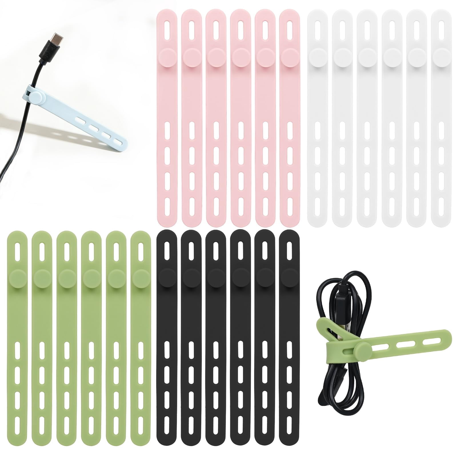 Donruby 24Pcs Silicone Cable Ties - Reusable & Washable with Locking Buckles, Adjustable Fastening Cable Management Straps, Multi-Purpose High Elasticity Cord Organizer (4 Colors)