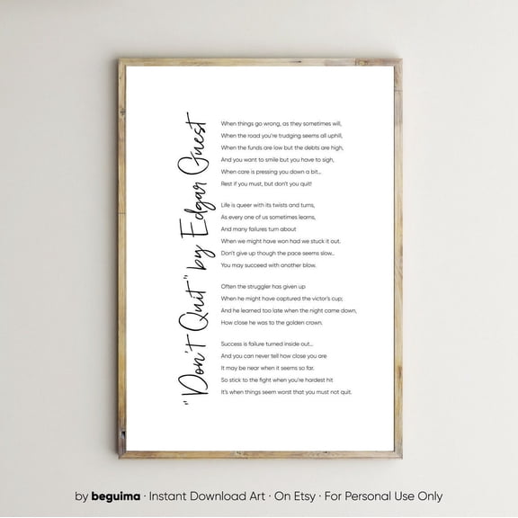 Dont Quit Edgar Guest Poem Literary Literature Art Poster Art, Unframed Poster