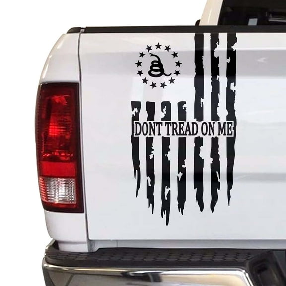 Dont Tread On Me Gadsden Flag Distressed American USA US Flag Truck Tailgate Vinyl Decal Compatible with most Pickup Trucks 1776 Betsy Ross Flag Decal (11" x 20", Black)