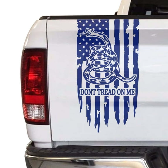 Dont Tread On Me Gadsden Flag Distressed American USA US Flag Truck Tailgate Vinyl Decal Compatible with most Pickup Trucks 1776 Betsy Ross Flag Decal (11" x 20", Cobalt Blue)