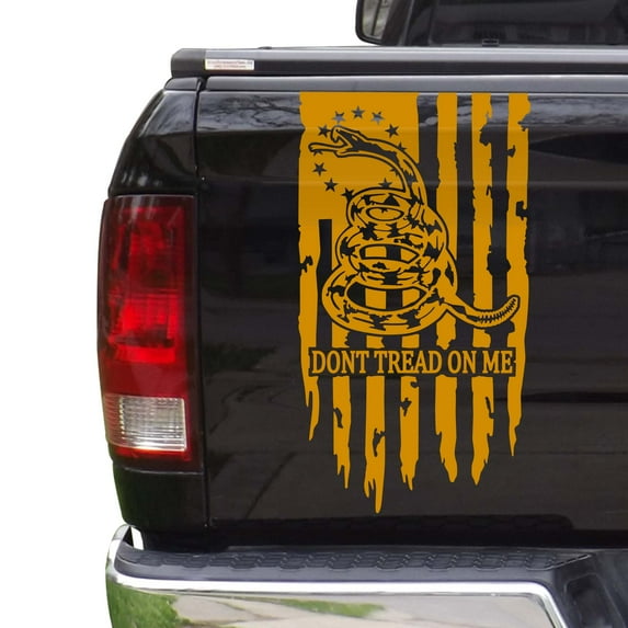 Dont Tread On Me Gadsden Flag Distressed American USA US Flag Truck Tailgate Vinyl Decal Compatible with most Pickup Trucks 1776 Betsy Ross Flag Decal (11" x 20", Golden Yellow)