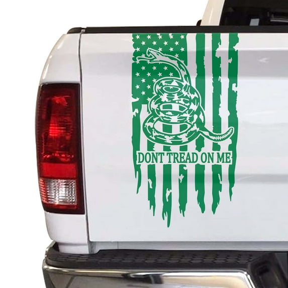 Dont Tread On Me Gadsden Flag Distressed American USA US Flag Truck Tailgate Vinyl Decal Compatible with most Pickup Trucks 1776 Betsy Ross Flag Decal (11" x 20", Grass Green)