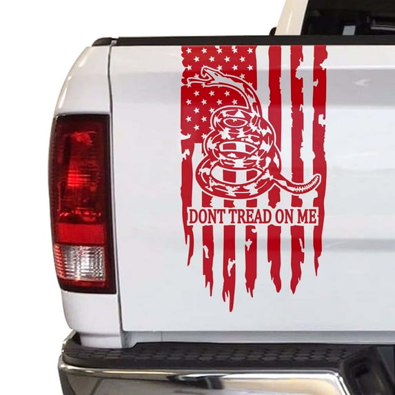 Dont Tread On Me Gadsden Flag Distressed American USA US Flag Truck Tailgate Vinyl Decal Compatible with most Pickup Trucks 1776 Betsy Ross Flag Decal (11" x 20", Red)
