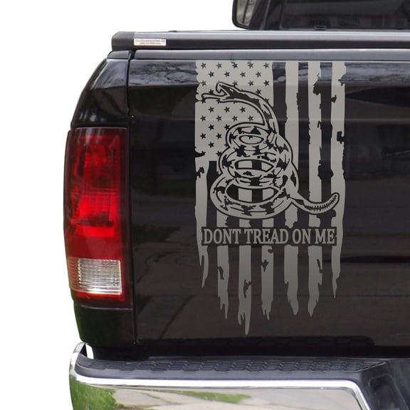 Dont Tread On Me Gadsden Flag Distressed American USA US Flag Truck Tailgate Vinyl Decal Compatible with most Pickup Trucks 1776 Betsy Ross Flag Decal (11" x 20", Silver Gray (Metallic))
