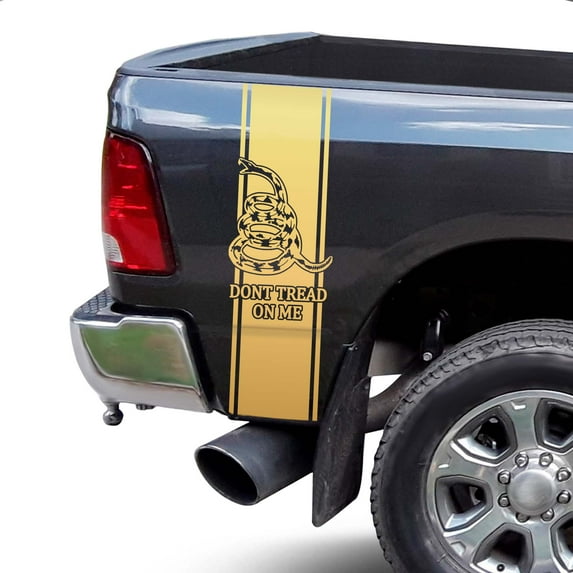 Dont Tread On Me Gadsden Flag Rear Truck Bed Vinyl Decal Sticker Compatible with most Pickup Trucks Christopher Gadsden Flag 1775 Timber Rattlesnake Decal (11" x 35", Gold (Metallic))
