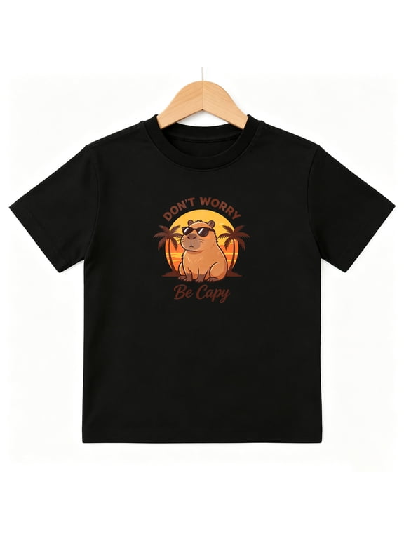 Dont Worry Be Capy Boys Graphic Tees Capybara Kids T-Shirt 100% Cotton Short Sleeve Tops Ages 4-13Y