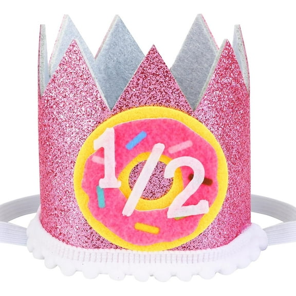 Donut 1/2 Birthday Hat, 6-Month Glitter Crown for Girl Pink, Little Cutie Dessert Theme Birthday Decorations Half Year Old Party Photo Props Supplies Favors