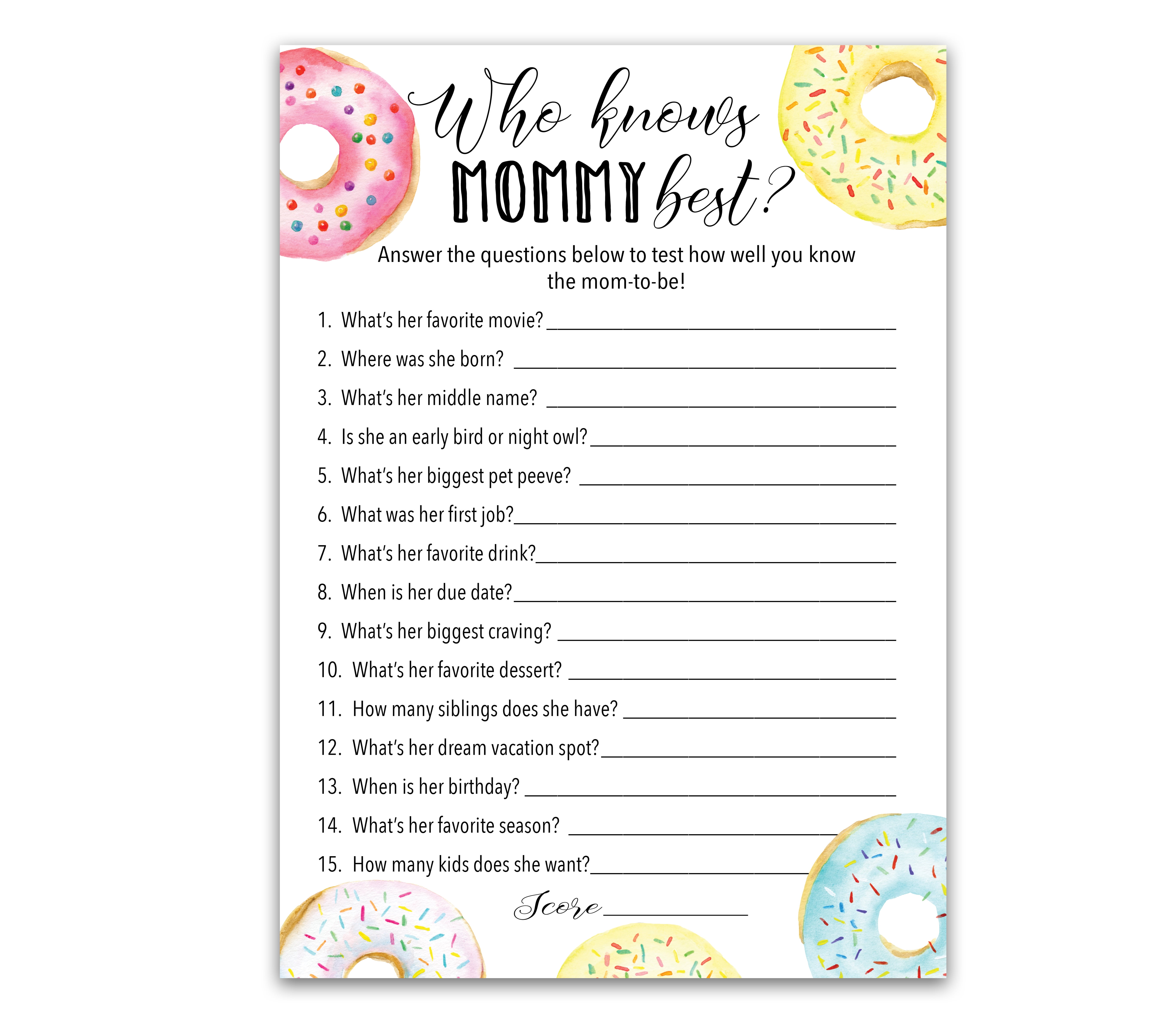 Donut Baby Shower Games Who Knows Mommy Best - Pack of 25 - Gender Neutral Mom to-be Baby Shower Activity Pink Blue New Parent Couples Coed Gender Reveal Fun Guessing Game G850-WKM