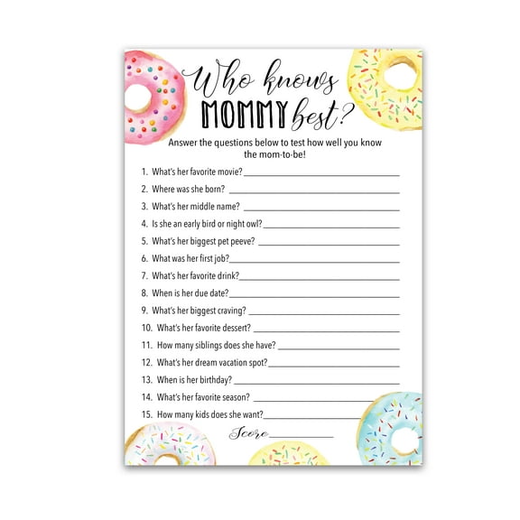 Donut Baby Shower Games Who Knows Mommy Best - Pack of 25 - Gender Neutral Mom to-be Baby Shower Activity Pink Blue New Parent Couples Coed Gender Reveal Fun Guessing Game G850-WKM