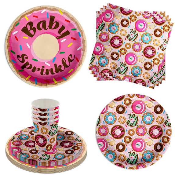 Donut Baby Sprinkles Baby Shower Party Supplies 64 Piece Tableware Set Includes Large 9" Paper Plates Dessert Plates, Cups and Napkins Kit for 16