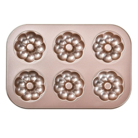 Donut Baking Mold Pan, 6-Cavity Non-Stick Ring Doughnut Bakeware, Carbon Steel Donut Molds, Round/Heart/Flower Shaped Pan Doughnut Bakeware for Oven Baking (Champagne Gold)