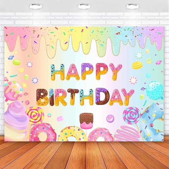 Donut Birthday Backdrop for Girls Sweet Ice Cream Birthday Decorations Rainbow Sprinkle Photography Background Candy Happy Birthday Party Cake Table Banner Photo Shoot Booth Props 7x5ft
