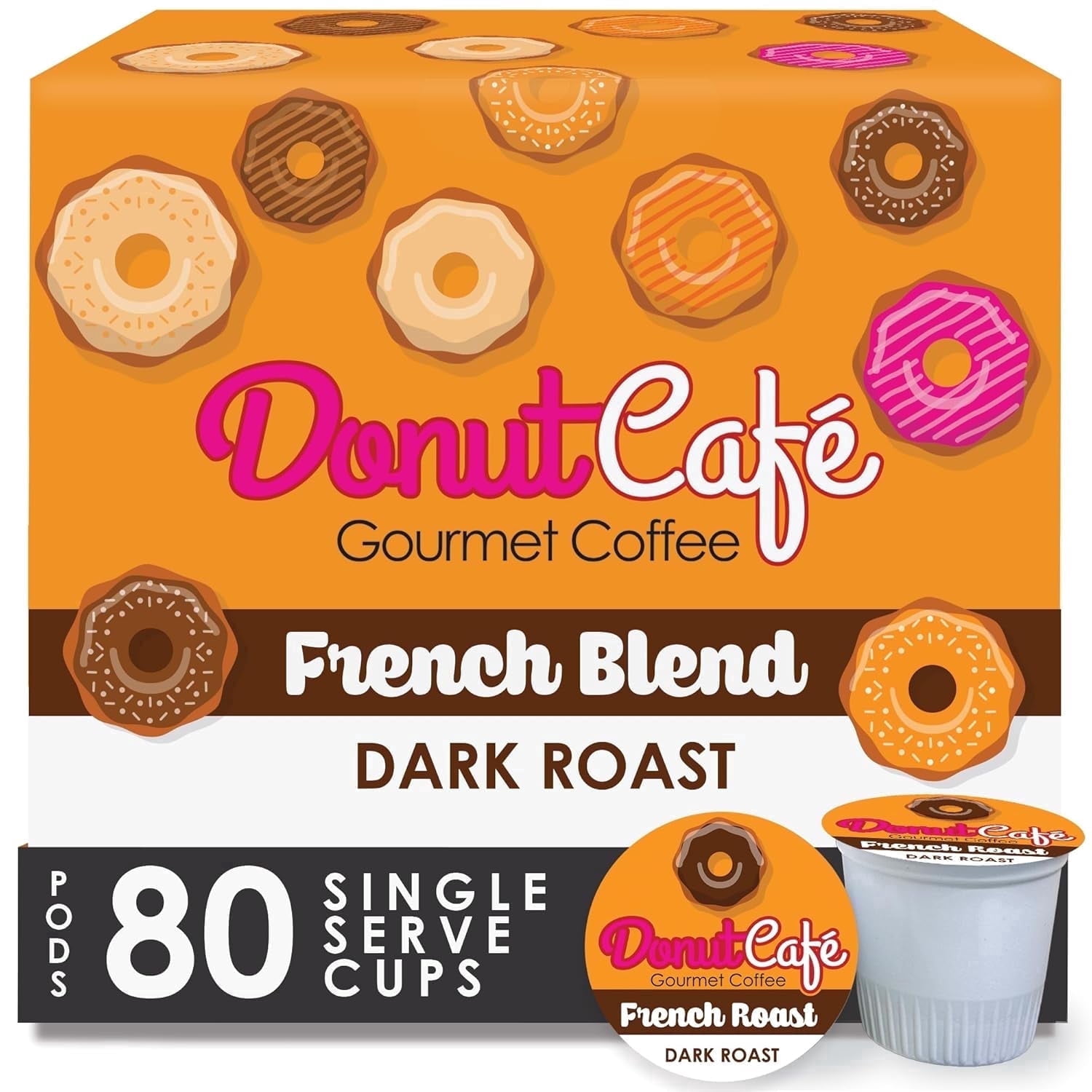 Donut Café Single Serve Coffee Pods for Keurig K-Cup Brewers, Dark Roast, French Blend, 80 Count