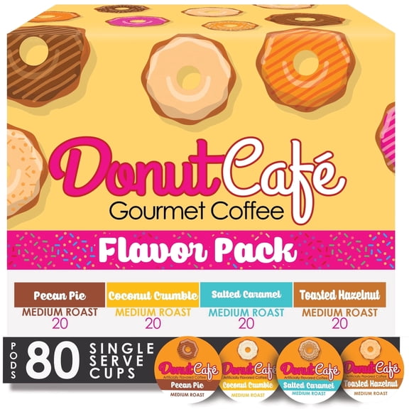 Donut Cafe Single Serve Coffee Pods Flavored Variety Pack Medium Roast, (20 ea: Pecan Pie, Coconut Crumble, Salted Caramel, Toasted Hazelnut) 80 Count