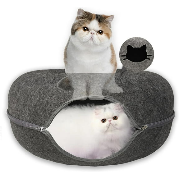Donut Cat Tunnel Bed Peekaboo Cat Cave for Large Cats Up to 30 Lbs, Kitty Interactive Playing Tent House for Multiple Cats,Detachable,Scratch Resistant (Deep Gray, Large - 24 Inch Diameter)