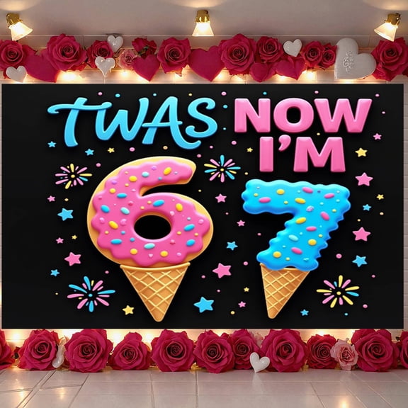 Donut Design 6th Birthday Banner Colorful Sprinkles 7th Birthday Display Star Patterns Firework Elements Donut Theme Backdrop for 6th Birthday Party 7th Birthday Celebration Kid's Party