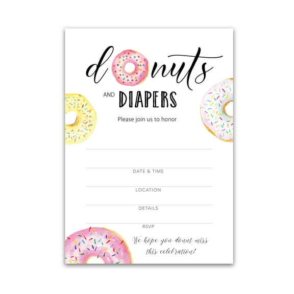 Donut and Diapers Sprinkle Invitation Pack of 25 Girl Baby Shower Invitations, Pink Donut Shower Theme, Donut Baby Shower Invites for Couples Coed Shower, Donuts Blank fill-in Invites I850-INV4
