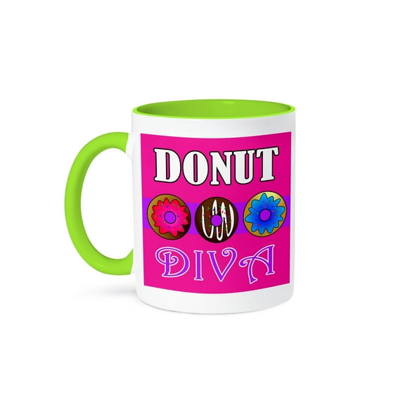 3dRose, Donut Diva - Kawaii Sweets - Pink, 11oz Two-Tone Green Mug