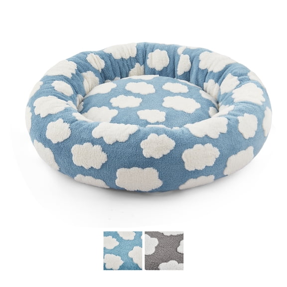 Donut Dog Bed Medium, Calming Round Pet Bed for Dogs and Cats, Washable Jacquard Plush Cover with Non-Slip Bottom, Indoor Cat Bed, Blue, 20"x20"x6"