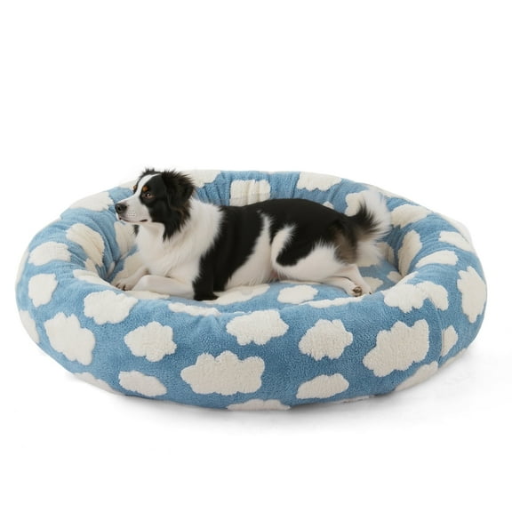 Donut Dog Bed Medium, Calming Round Pet Bed for Dogs and Cats, Washable Jacquard Plush Cover with Non-Slip Bottom, Indoor Cat Bed, Blue, 20"x20"x6"