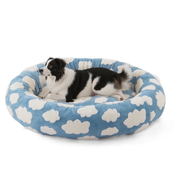 Donut Dog Bed Medium, Calming Round Pet Bed for Dogs and Cats, Washable Jacquard Plush Cover with Non-Slip Bottom, Indoor Cat Bed, Blue, 20"x20"x6"