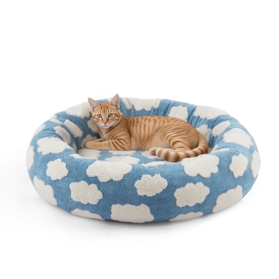 Donut Dog Bed Medium, Calming Round Pet Bed for Dogs and Cats, Washable Jacquard Plush Cover with Non-Slip Bottom, Indoor Cat Bed, Blue, 23"x23"x7"