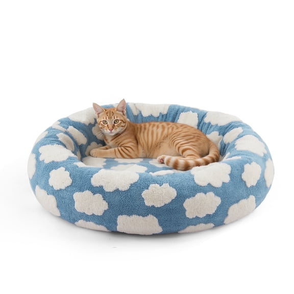 Donut Dog Bed Medium, Calming Round Pet Bed for Dogs and Cats, Washable Jacquard Plush Cover with Non-Slip Bottom, Indoor Cat Bed, Blue, 23"x23"x7"
