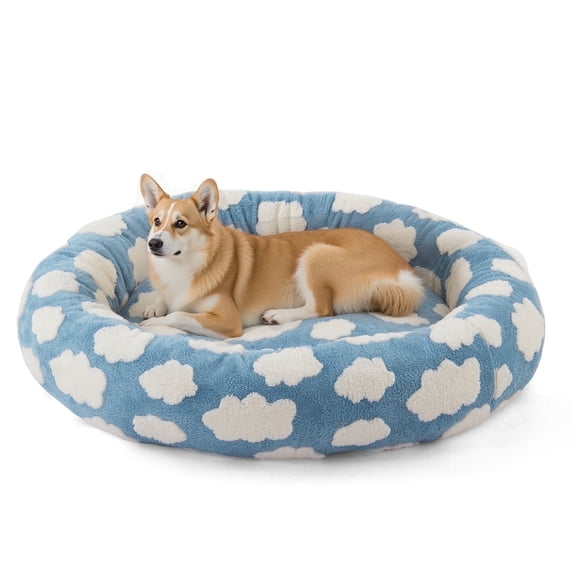 Donut Dog Bed Medium, Calming Round Pet Bed for Dogs and Cats, Washable Jacquard Plush Cover with Non-Slip Bottom, Indoor Cat Bed, Blue, 30"x30"x8"
