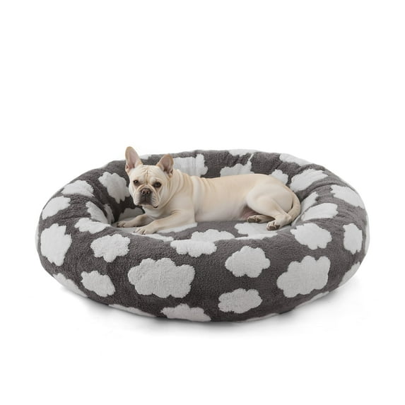 Donut Dog Bed Medium, Calming Round Pet Bed for Dogs and Cats, Washable Jacquard Plush Cover with Non-Slip Bottom, Indoor Cat Bed, Gray, 36"x36"x10"