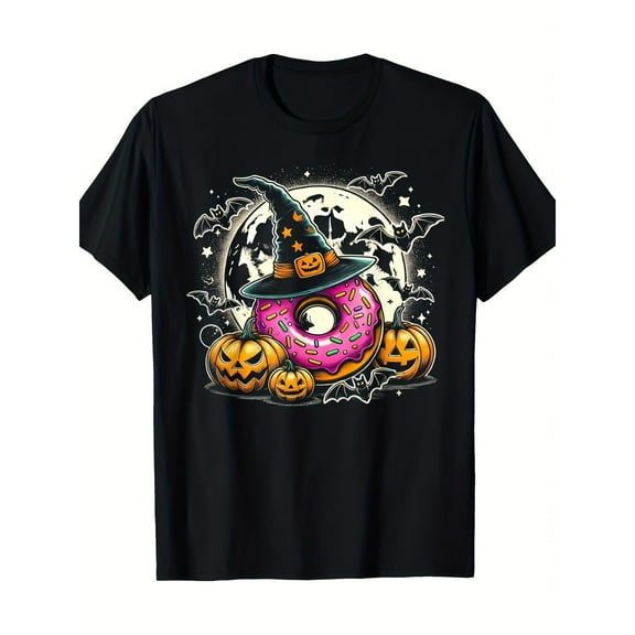 Donut Ghost Graphic Tee Halloween T Shirt Tops Cotton Casual Short Sleeve Round Neck Black S-5XL