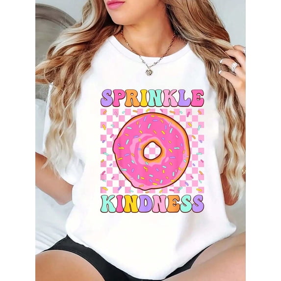 Donut Graphic Crew Neck Tee Cotton Summer Casual Short Sleeve Top