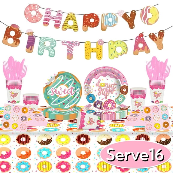 Donut Grow Up Party Supplies Donut Plates Napkins Cups Cutlery Banner Tablecloth Candy Paper Plates for Baby Shower Birthday Engagement Decorations Serve 16