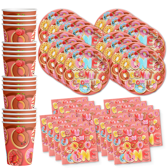 "Donut" Grow Up 1st Birthday Party Supplies Set Plates Napkins Cups Tableware Kit for 16