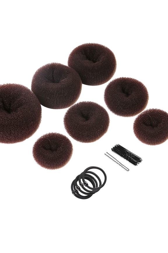 Donut Hair Bun Maker 7 Pieces, Teenitor Ring Style Bun Maker Set with Hair Bun Makers (1 extra-large, 2 large, 2 medium and 2 small), 5 pieces Hair Elastic Bands, 20 pieces Hair Pins, Dark Brown