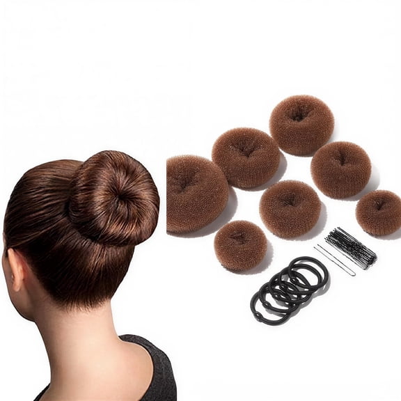 Donut Hair Bun Maker Set - 7 Rings (1 Extra-Large, 2 Large, 2 Medium, 2 Small), 5 Elastic Bands, 20 Hair Pins