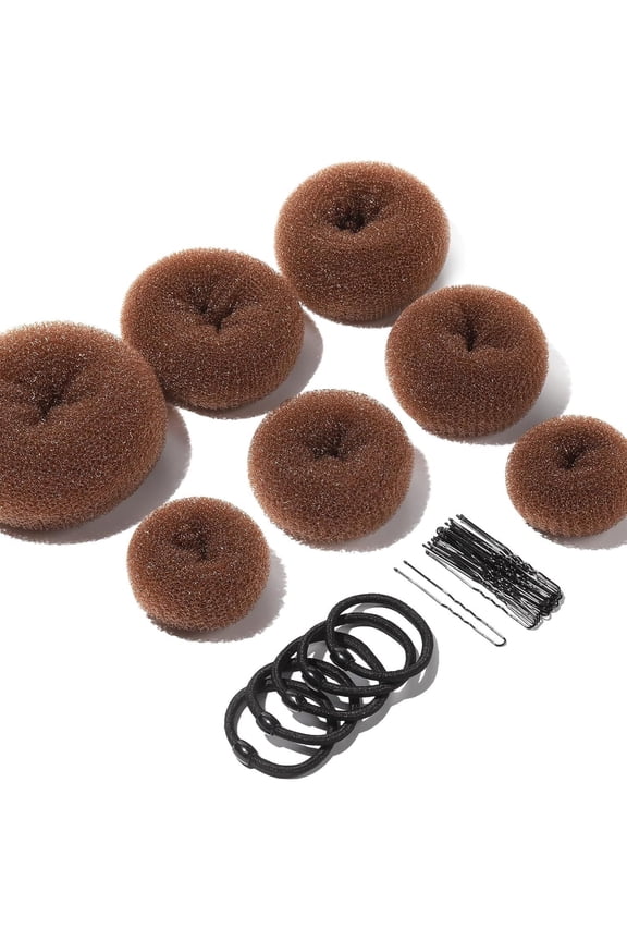 Donut Hair Bun Maker Set - 7 Rings (1 Extra-Large, 2 Large, 2 Medium, 2 Small), 5 Elastic Bands, 20 Hair Pins