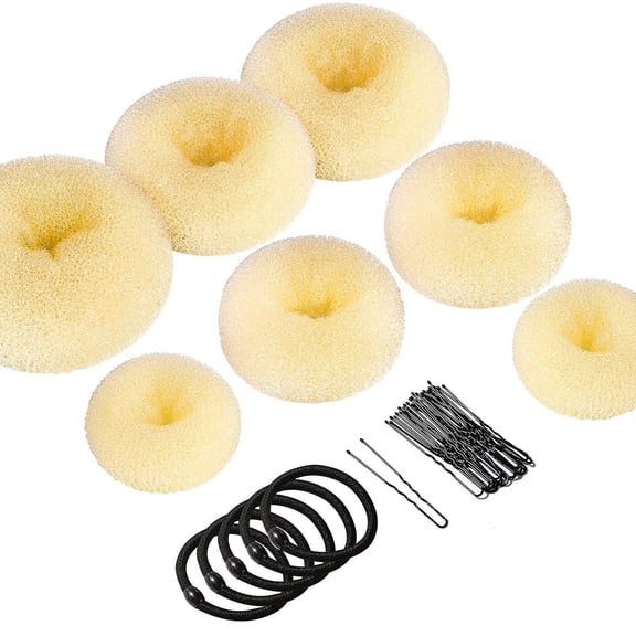 Donut Hair Bun Maker Set - 7 Rings (1 Extra-Large, 2 Large, 2 Medium, 2 Small), 5 Elastic Bands, 20 Hair Pins