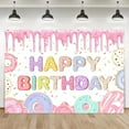 thumbnail image 1 of Donut Happy Birthday Backdrop Dripping Cream Colorful Donut Ice Cream Cakes Cartoon Photo Background Girls Sweet Grow Up Birthday Cake Table Decorations Photo Props, 1 of 4