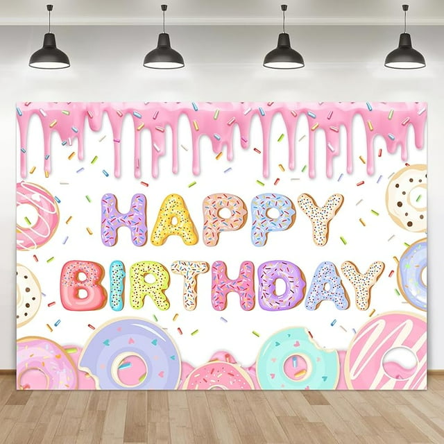 Donut Happy Birthday Backdrop Dripping Cream Colorful Donut Ice Cream Cakes Cartoon Photo Background Girls Sweet Grow Up Birthday Cake Table Decorations Photo Props