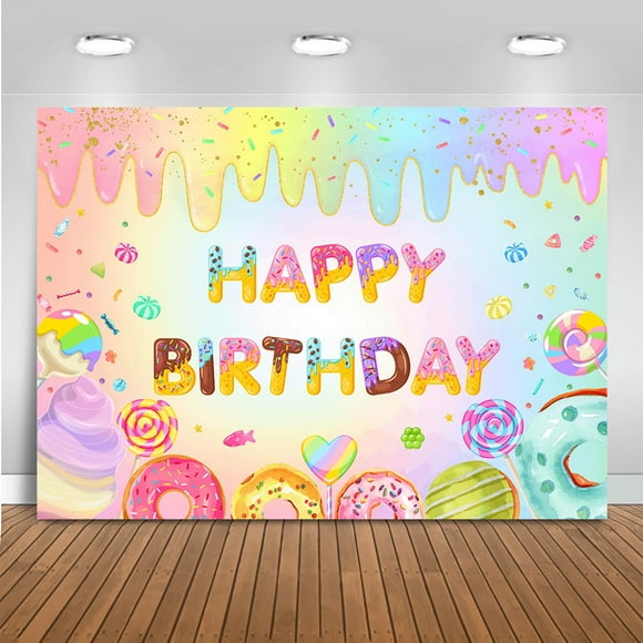 Donut Happy Birthday Backdrop for Girls Sweet Candy Birthday Party Decorations Background Cake Table Banner