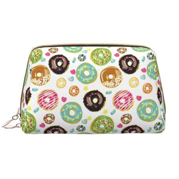 Donut Heart Print Makeup Bag, Large Capacity Travel Cosmetic Bag for Women Girls- Travel Toiletry Bag Leather Portable Waterproof Makeup Case Organizer with Handle