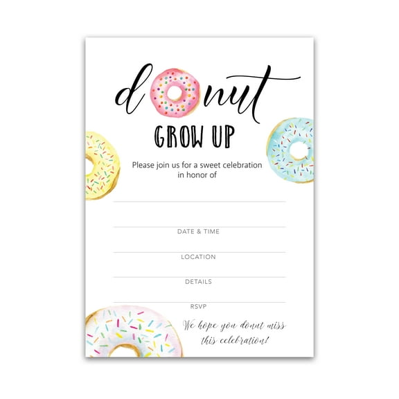 Donut Kids Birthday Party Invitations — Pack of 25 — Donut Grow Up, Doughnut Theme Baby Shower, Girl or Boy 1st Birthday Invitation Toddler Children Bday, Blank Fill-in INVITES, DIY Invite I850-INV1