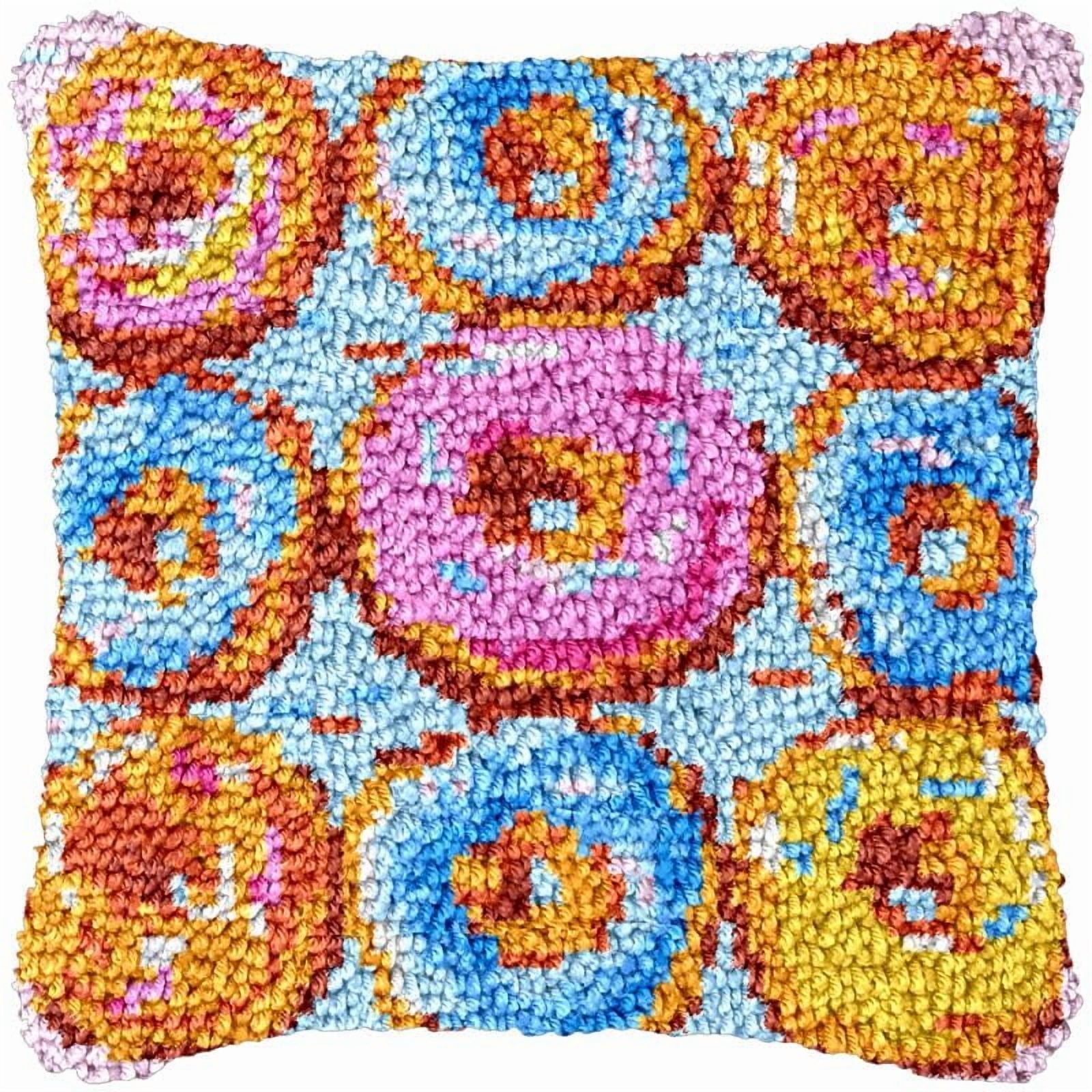 Donut Latch Hook Pillowcase Kits for Adults and Starter DIY Cushion Latch Hooking Make Rug Kits with Preprinted Canvas Crochet Yarn Kits Needlework Crafts 17'' X 17''