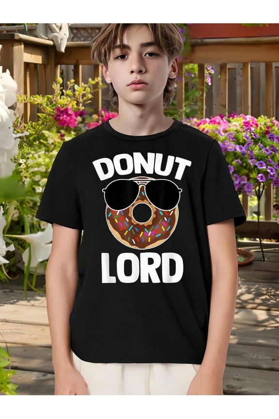 Donut Lord Letter Pattern Summer T-shirt for Boy,100% Cotton Soft & Elastic,Comfy Crew Neck Short Sleeve Top for Summer Wear and all Season,Black Color Size from 3-13Y,T-Shirt for Boys and Girls