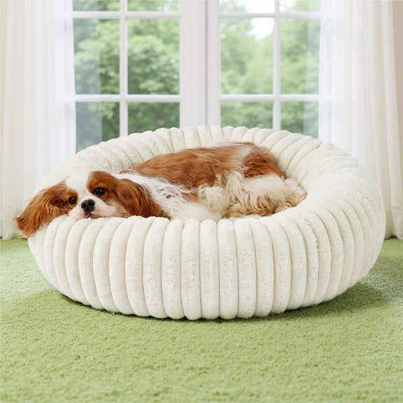 Donut Medium Dog Bed - Washable Faux Fur with Corduroy Fleece & Anti Slip Bottom, Round Pet Bed with Removable Cover, Cream, 30x30x8 inches