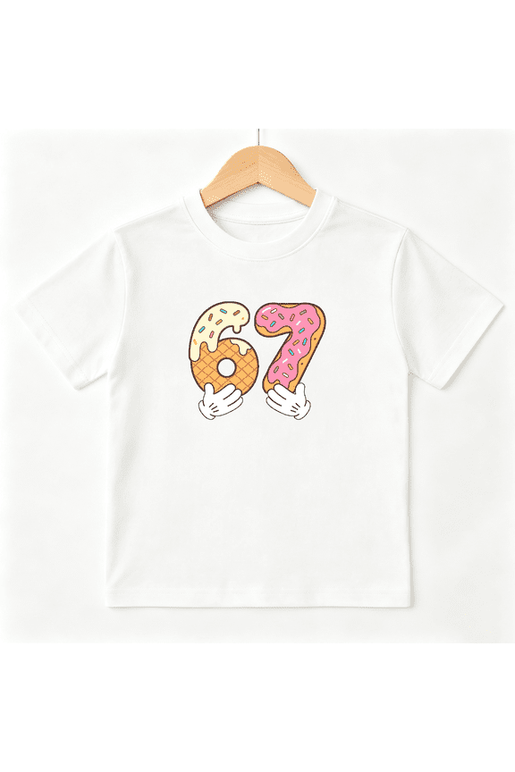 Donut Number 67 Boys Graphic Print T-Shirt, Cute Cartoon Sweet Dessert 100% Cotton Kids Short Sleeve Tee