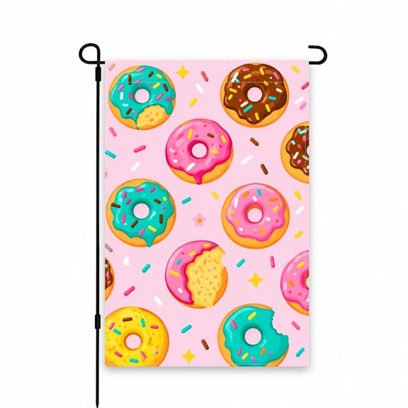 Donut Pattern Garden Flag 12 x 18 Inch, Colorful Pink Blue Brown Glazed Donuts with Sprinkles Design Yard Flag for Garden Lawn Patio Porch Outdoor Decor Display