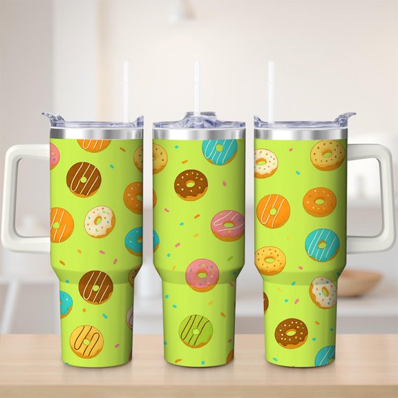 Donut Pattern Stainless Steel Insulated Mug with Lid and Handle, 30oz