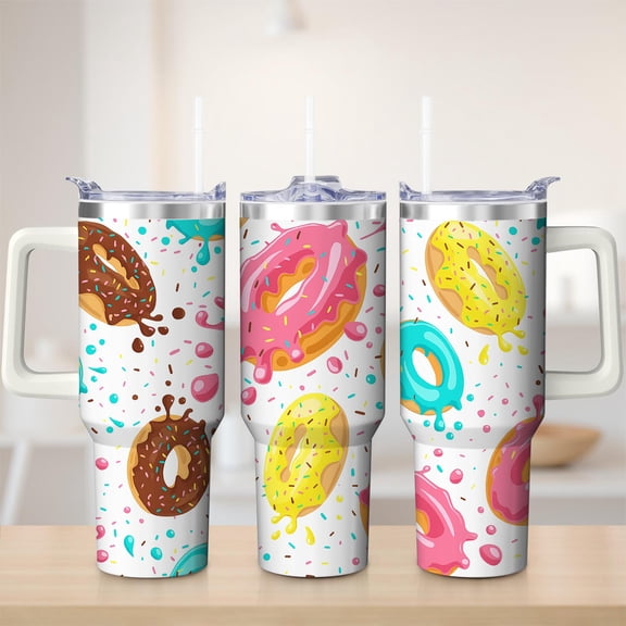 Donut Pattern Stainless Steel Insulated Mug with Lid and Handle, 30oz