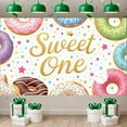 thumbnail image 1 of Donut Pattern Sweet One Banner Colorful Sprinkles 1st Birthday Display Gold Glitter Lettering Star Decor Donut Theme Background for 1st Birthday Party Kids Celebration Sweet Theme Party, 1 of 8